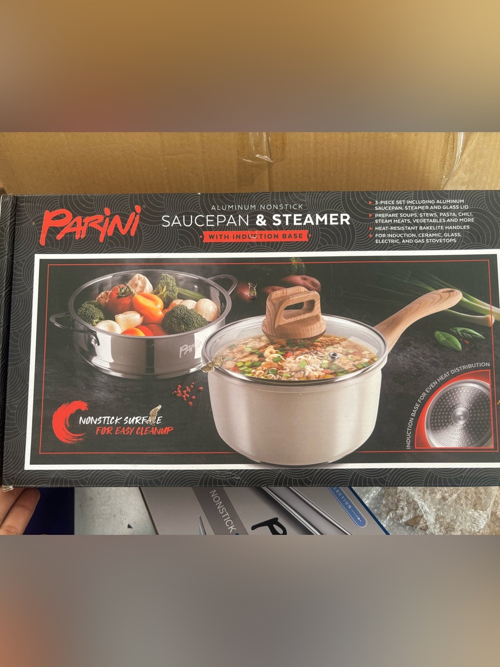 Parini Saucepan & Steamer Set in Cream with Wood-Tone Handles